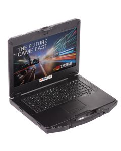 Angled image of laptop with the laptop open showing a graphic with the logo and phrase, "The Future Came Fast"